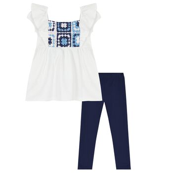 Girls White & Navy Blue Leggings Set