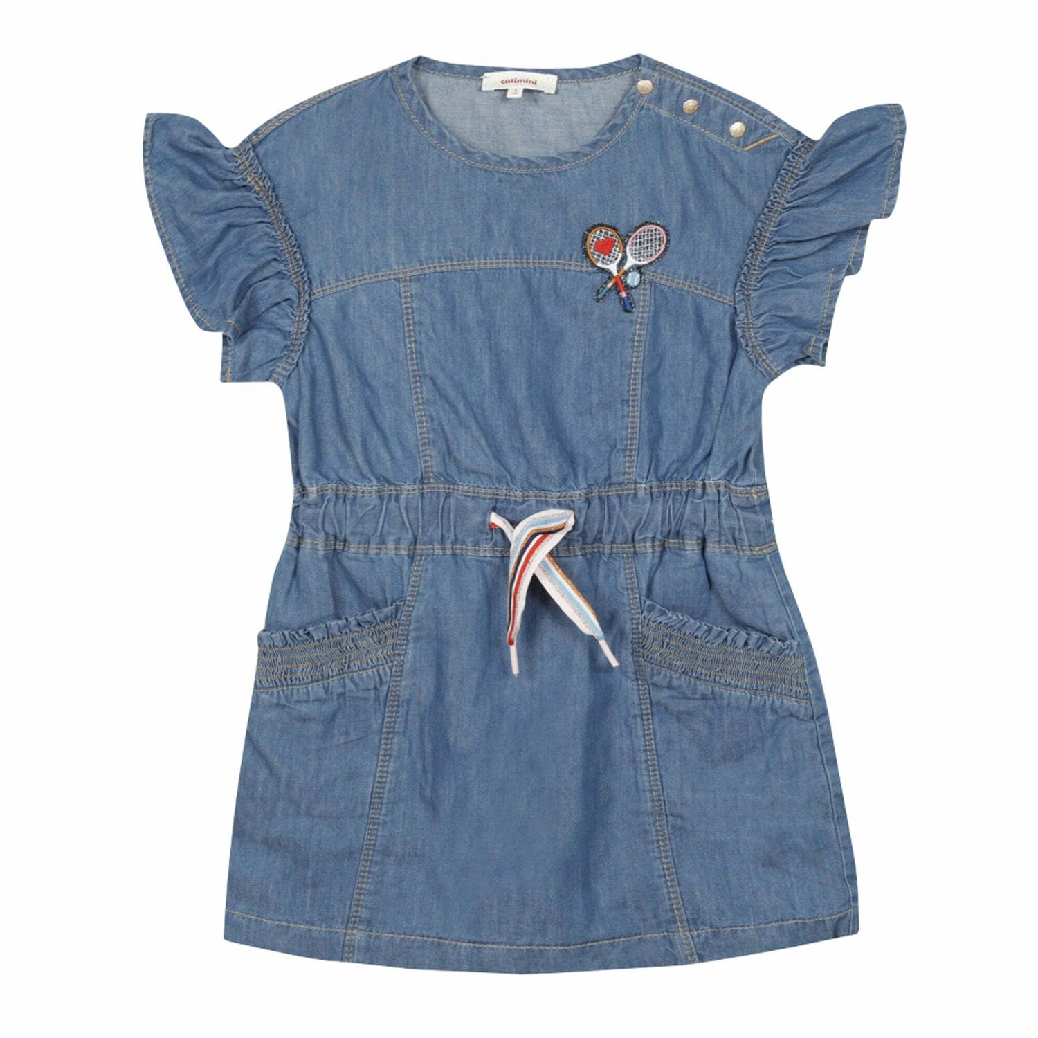 Girls Blue Denim Embroidered Dress, 1, hi-res image number null