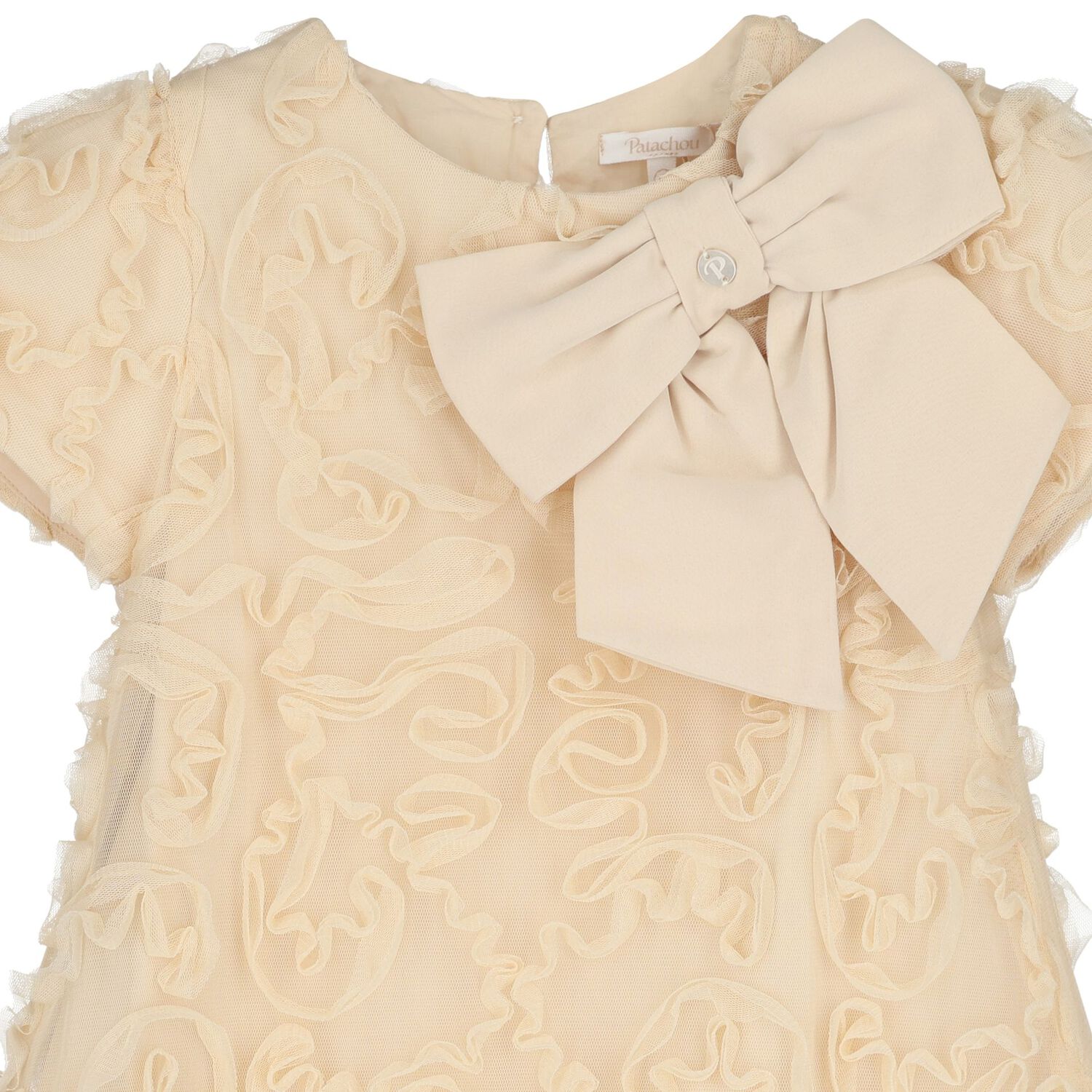 Girls Beige Bow Ruffled Tulle Dress, 1, hi-res