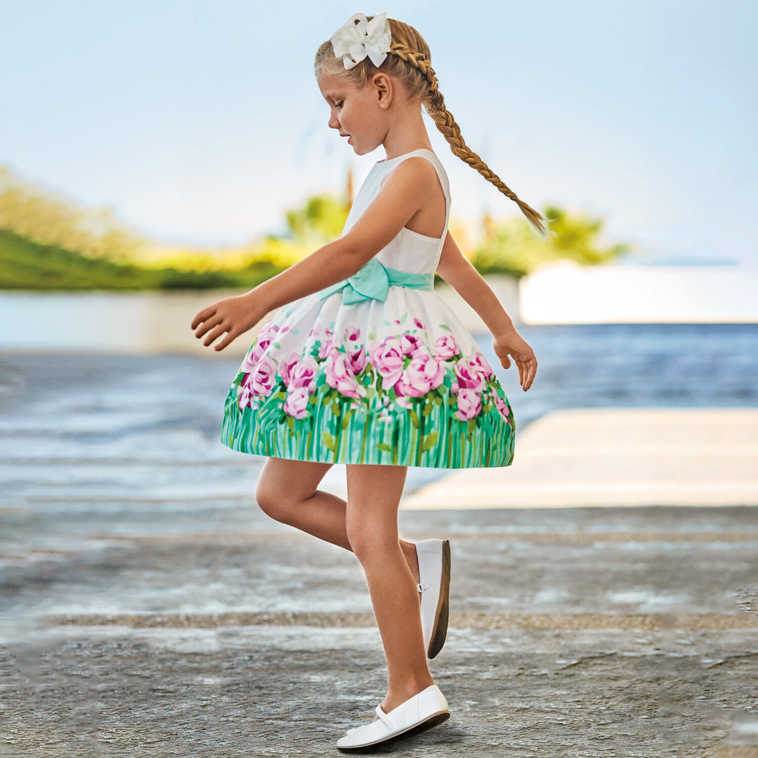 Girls White & Green Floral Dress, 1, hi-res