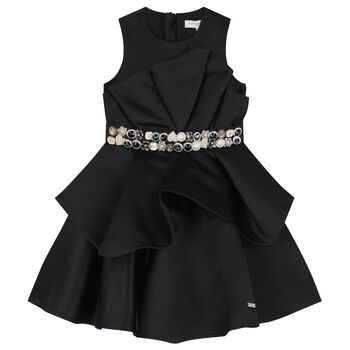 Girls Black Crystal Satin Ruffle Dress