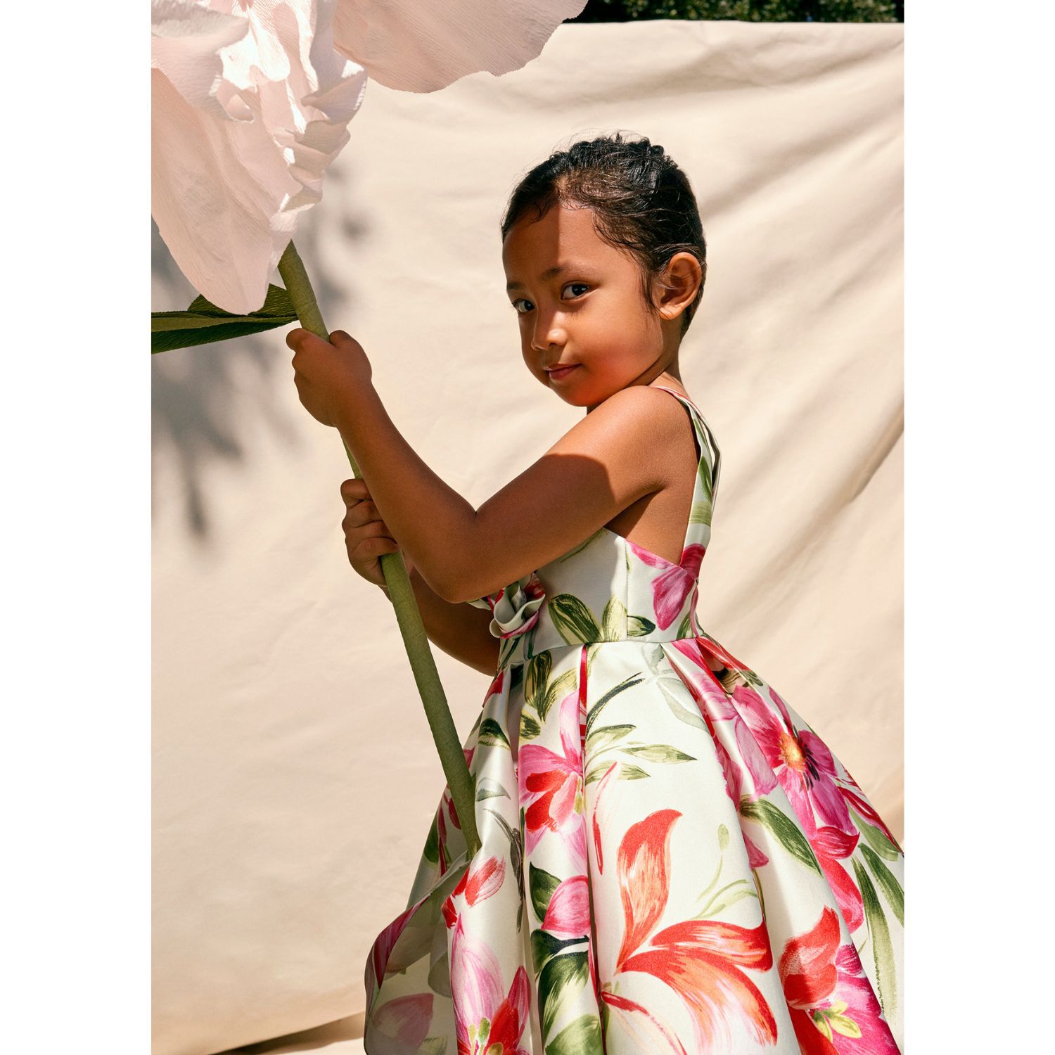 Girls Ivory Floral Satin Dress, 1, hi-res image number null