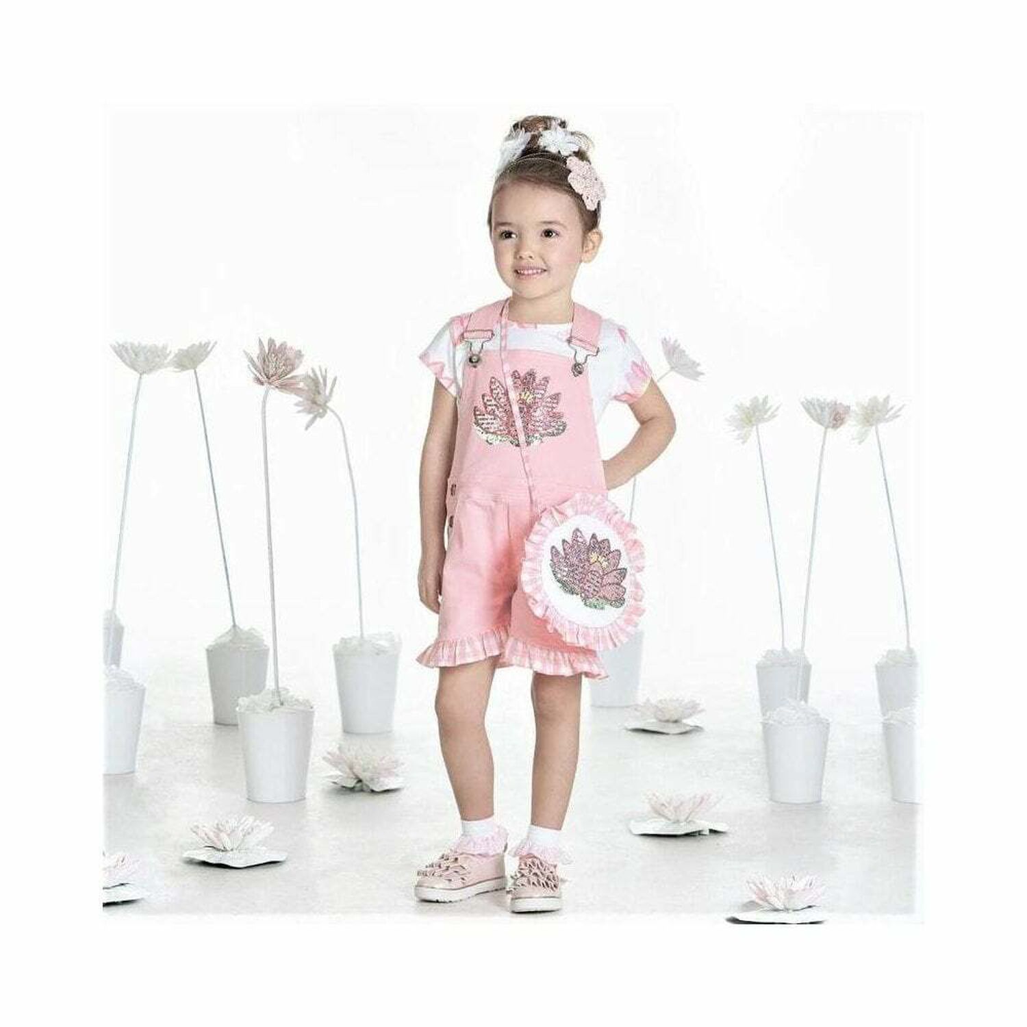 Girls Pink Waterlily Dungaree Set, 1, hi-res