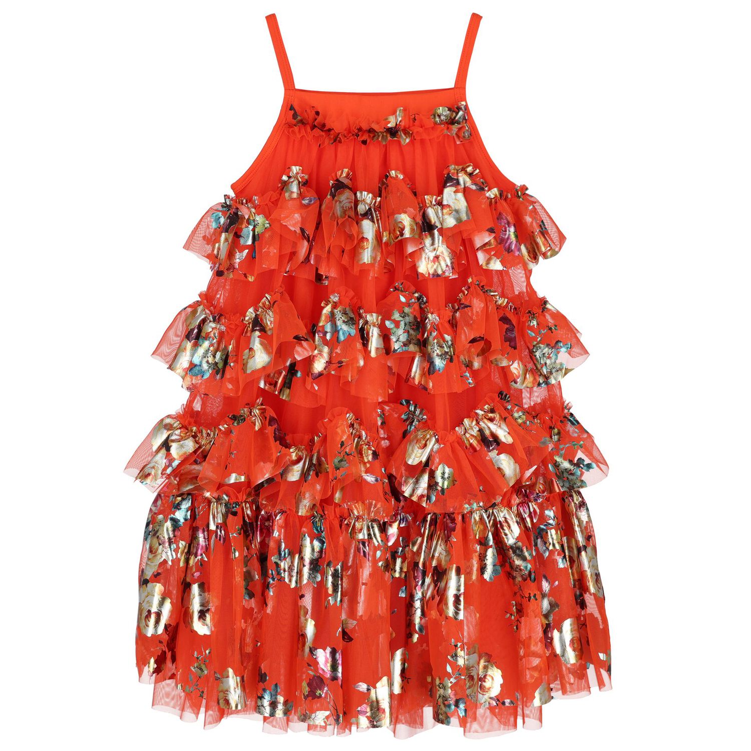 Girls Red Ruffled Tulle Dress, 2, hi-res