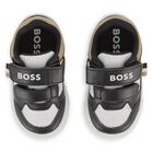 Boys Black, White & Beige Logo Trainers, 1, hi-res