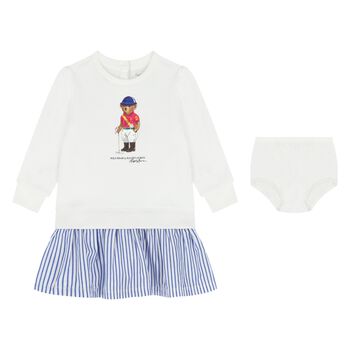 Baby Girls White Polo Bear Dress Set
