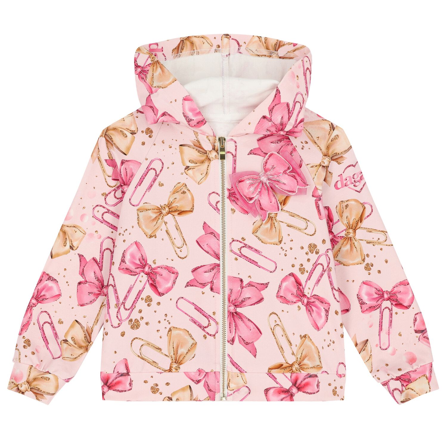 Girls Pink Bow Hooded Zip Up Top, 1, hi-res image number null