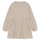 Girls Beige Bow Knitted Dress, 1, hi-res