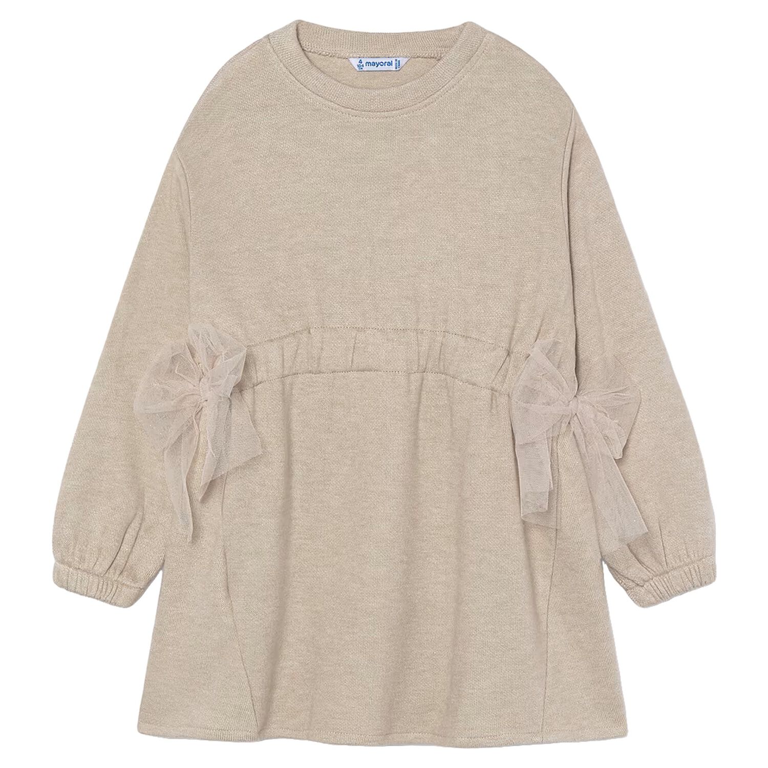 Girls Beige Bow Knitted Dress, 1, hi-res