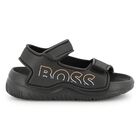 Boys Black Logo Sandals, 1, hi-res