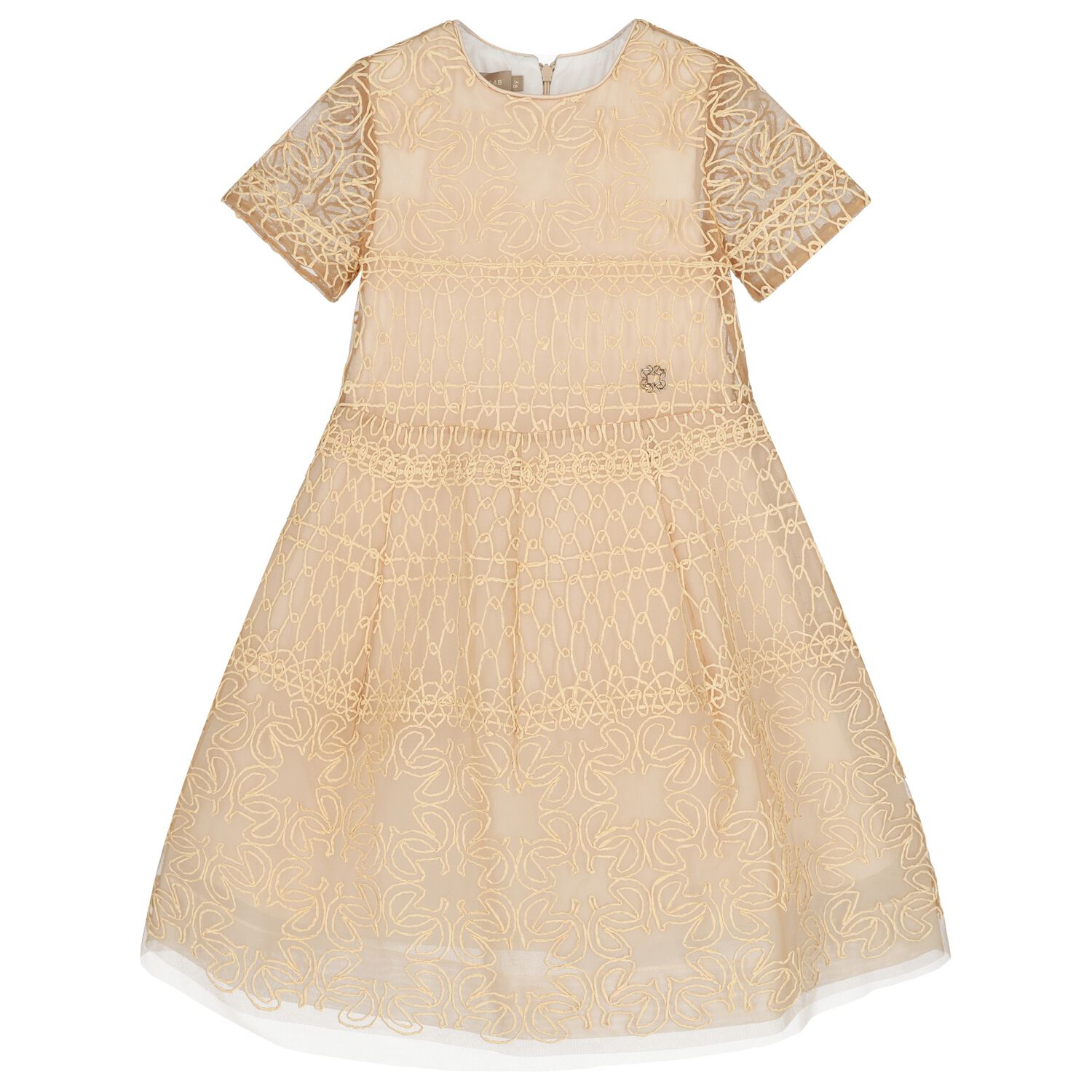 Girls Beige Embroidered Tulle Dress, 1, hi-res