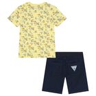 Boys Yellow & Navy Blue Logo Shorts Set, 1, hi-res