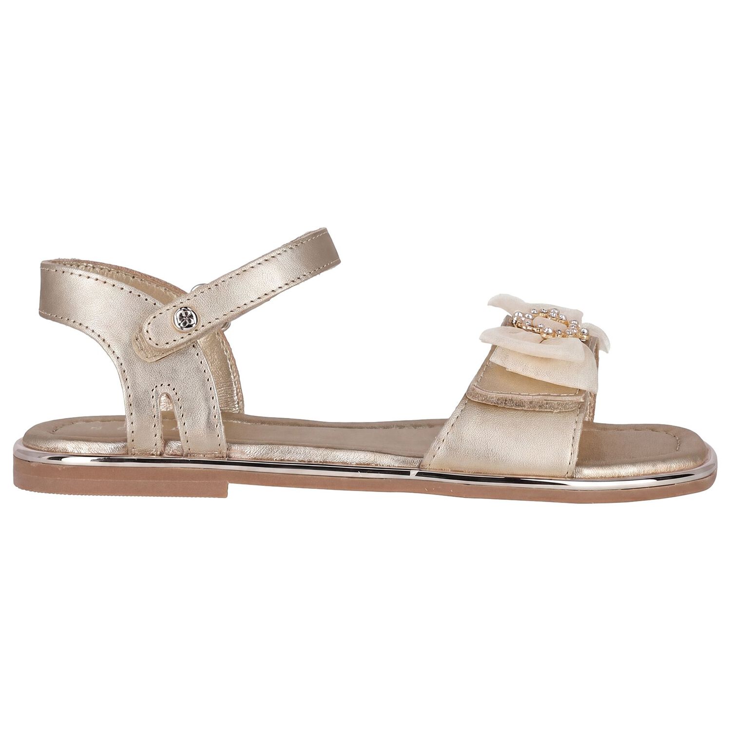 Girls Gold Leather Tulle Bow Sandal, 2, hi-res