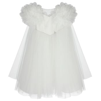 Girls White Organza Floral & Tulle Cape Dress