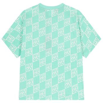 Boys Aqua & White Check Logo T-Shirt