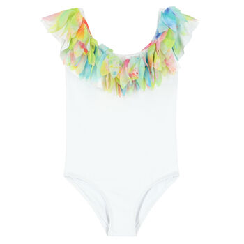 Girls White & Rainbow Petal Swimsuit