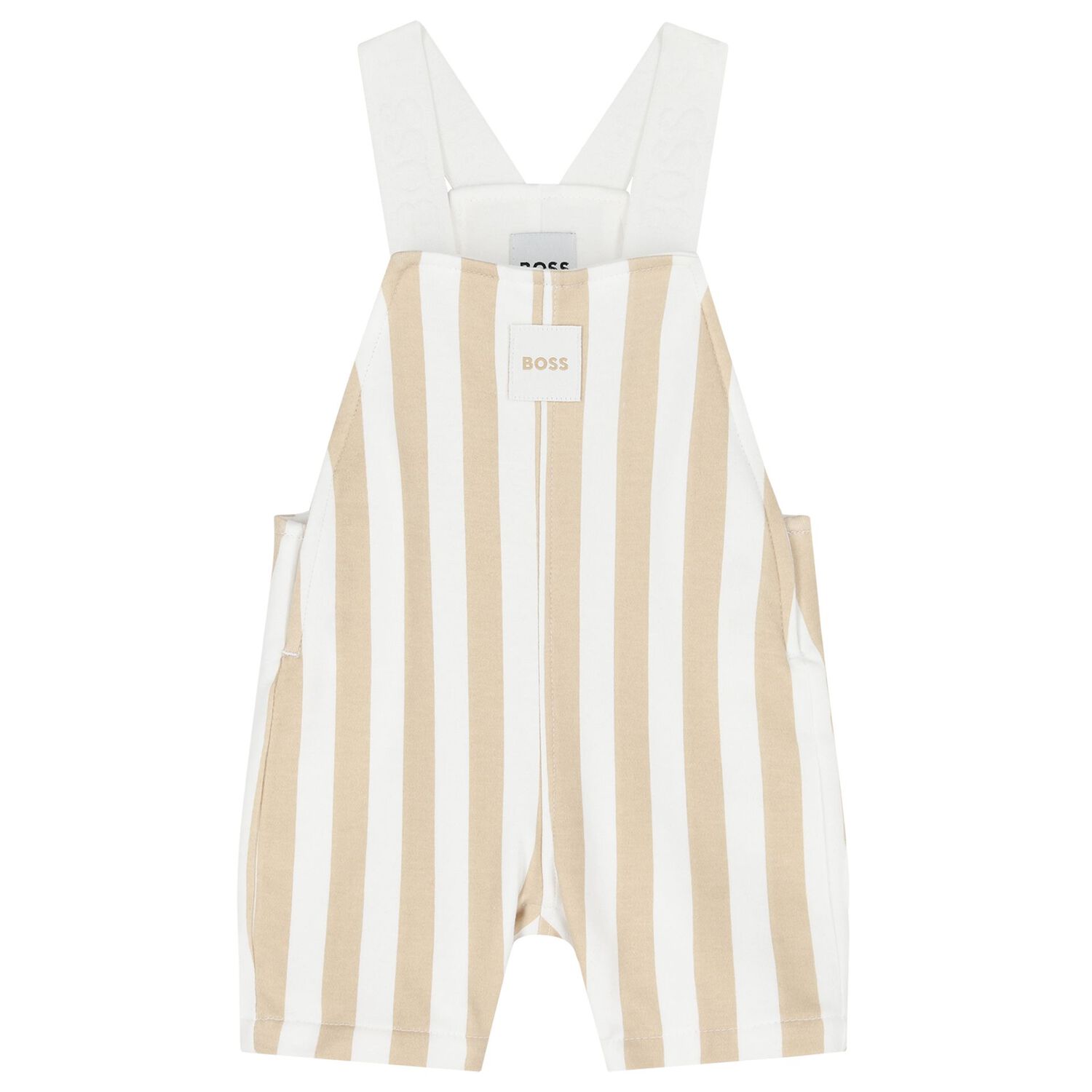 Baby Boys White & Beige Striped Logo Dungaree Set, 1, hi-res