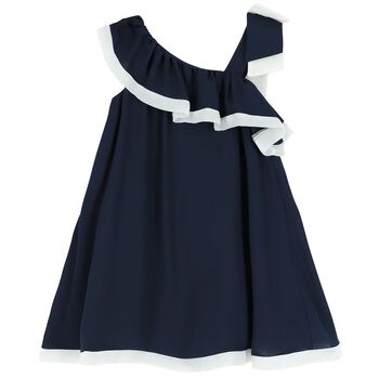 Girls Navy Blue & White Chiffon Dress