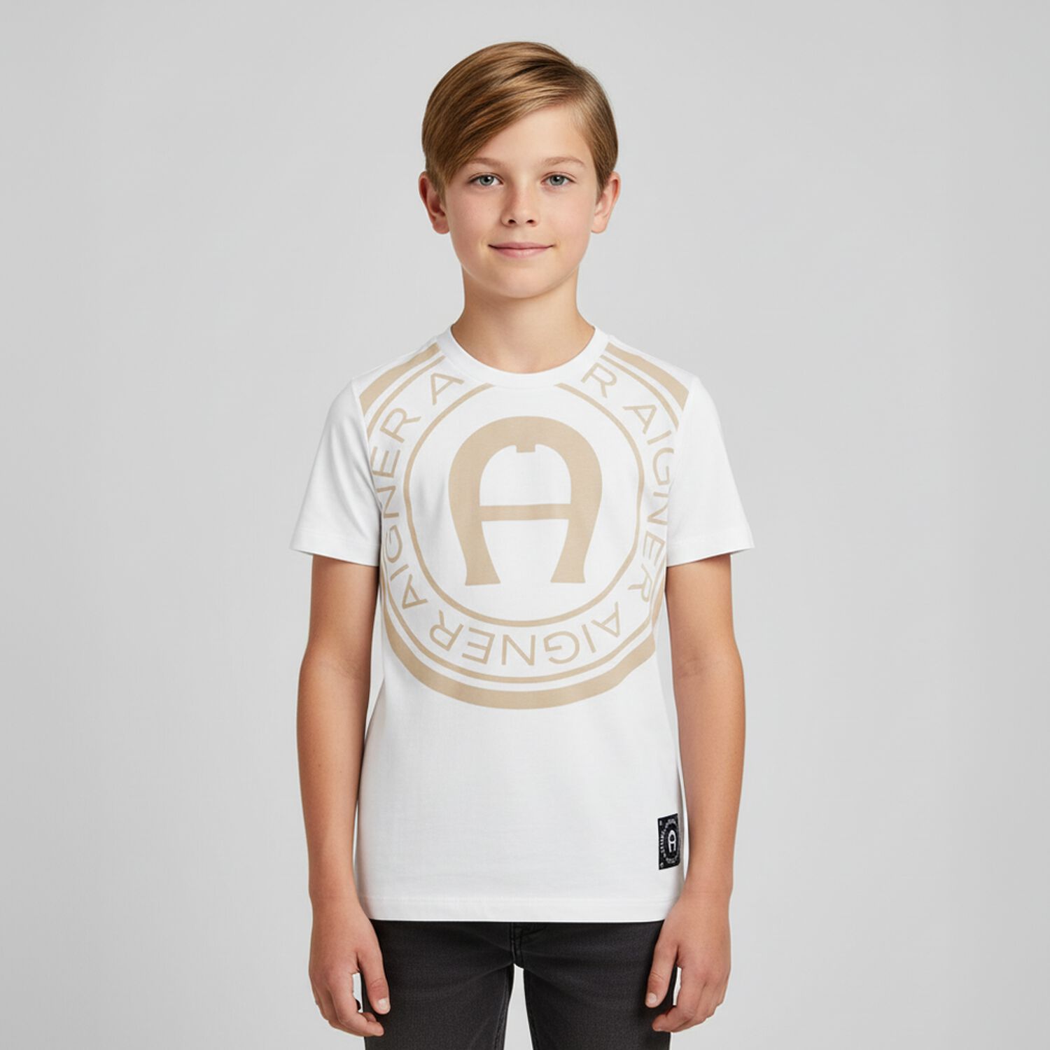 Boys White & Beige Logo T-Shirt, 4, hi-res image number null