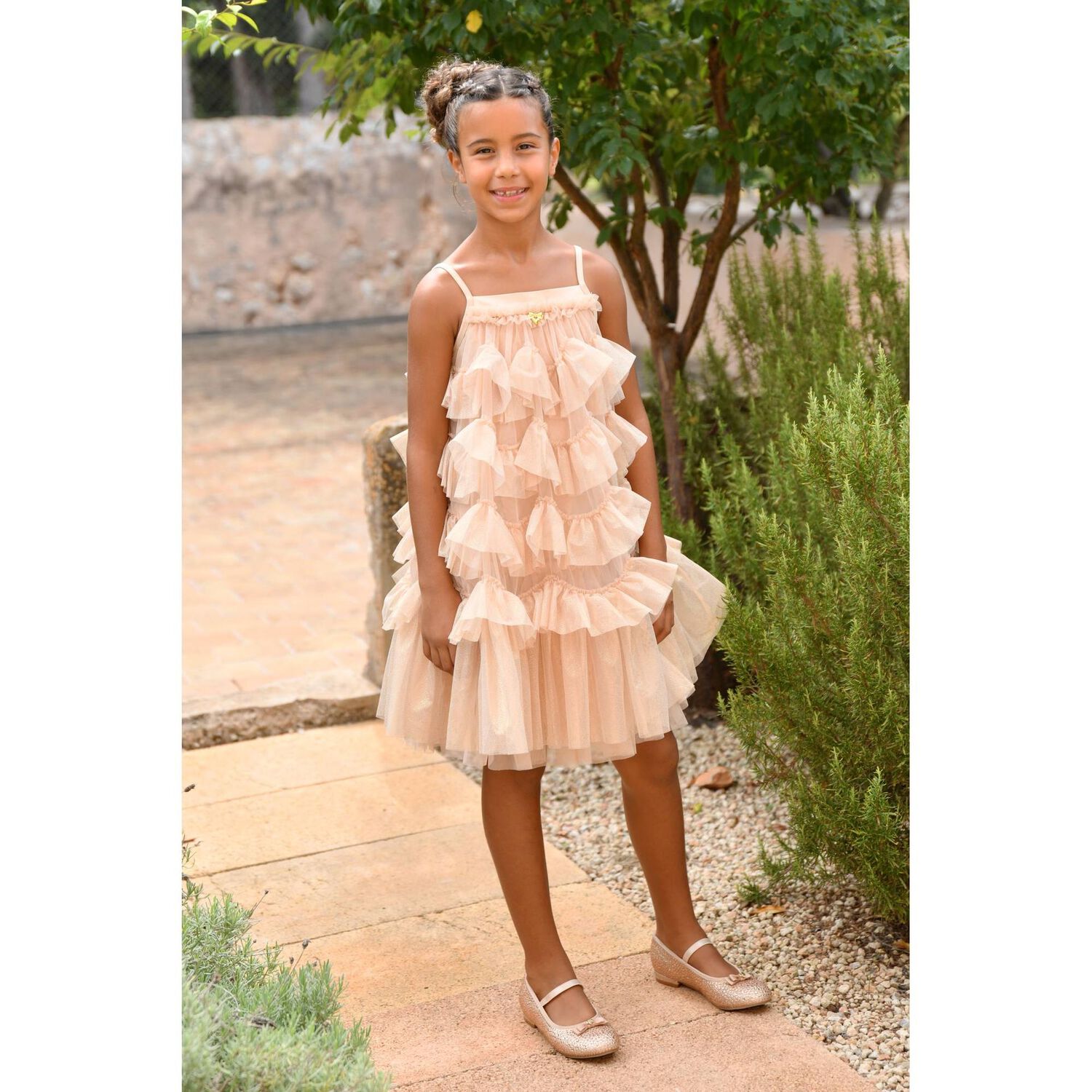 Girls Gold Ruffled Tulle Dress, 1, hi-res