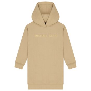 Girls Beige Logo Hooded Dress
