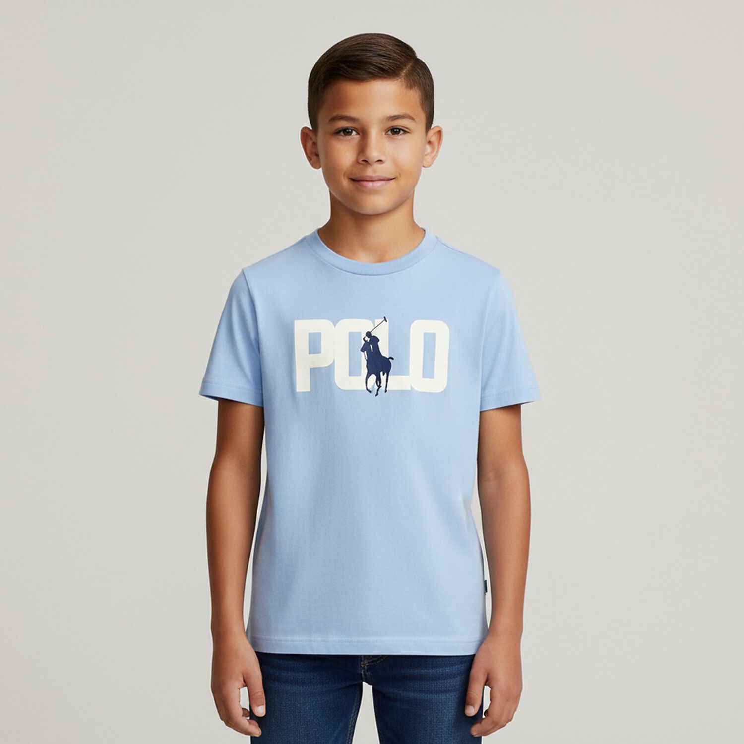 تيشيرت أولاد بالشعار باللون الأزرق, 3, hi-res