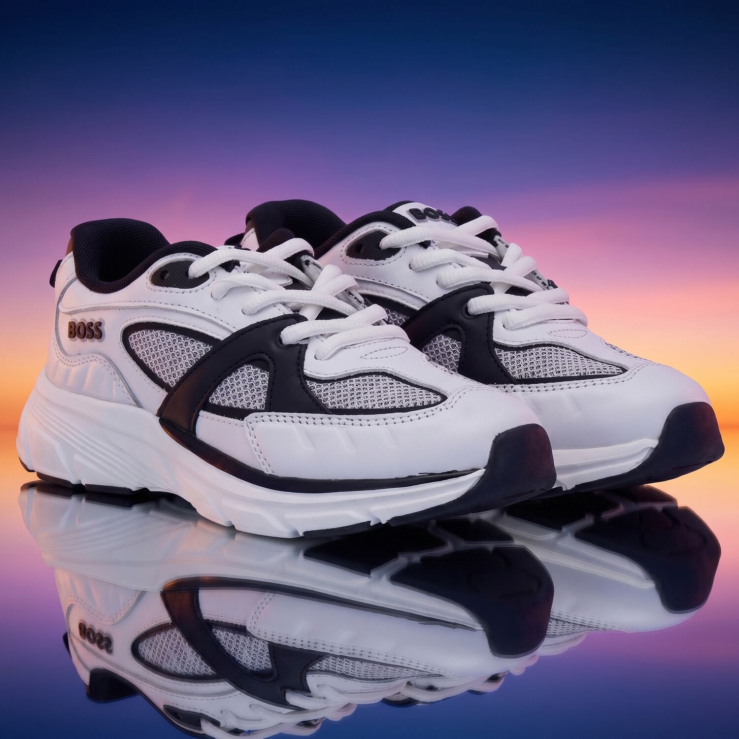 Boys White & Black Logo Leather Trainers, 1, hi-res
