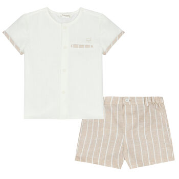 Baby Boys Ivory & Beige Shorts Set