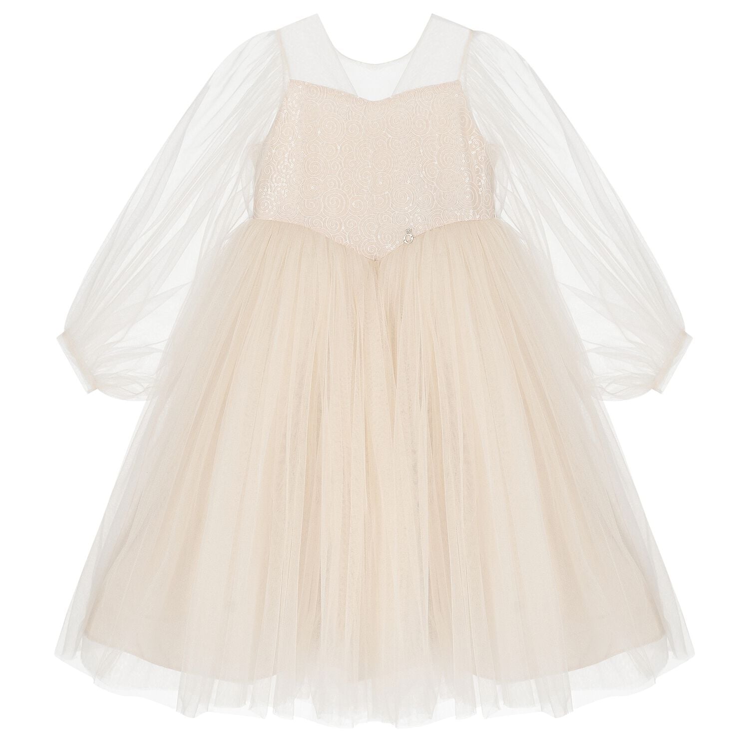 Girls Beige Bow & Tulle Ariel Dress, 1, hi-res