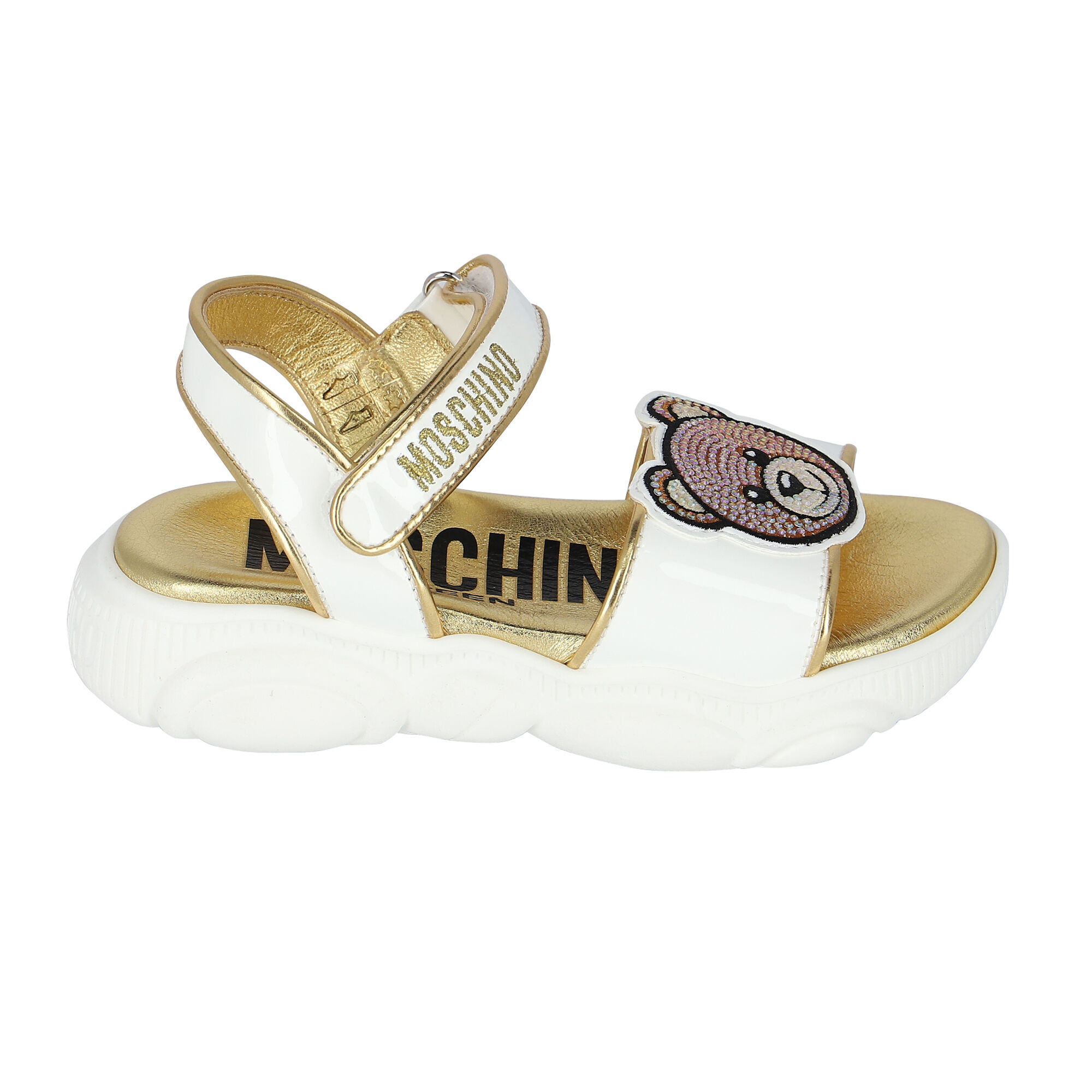 Moschino Girls White Gold Teddy Logo Sandals Junior Couture UAE