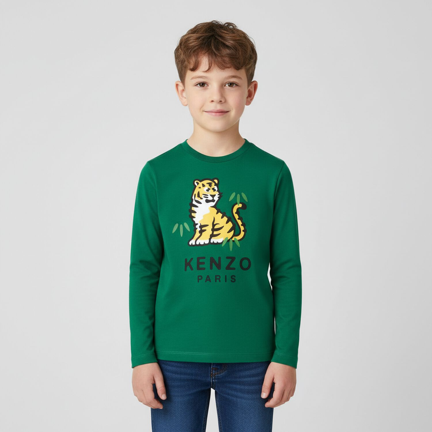 Boys Green Tiger Logo Long Sleeve Top, 1, hi-res