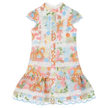 Girls White, Blue & Pink Floral Dress