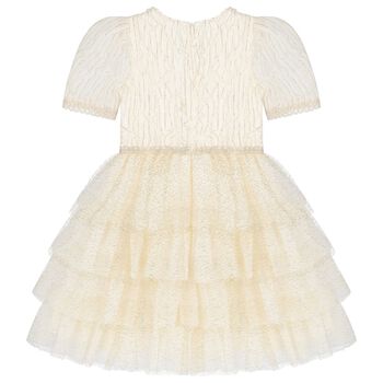 Girls Ivory & Gold Tiered Organza & Tulle Dress