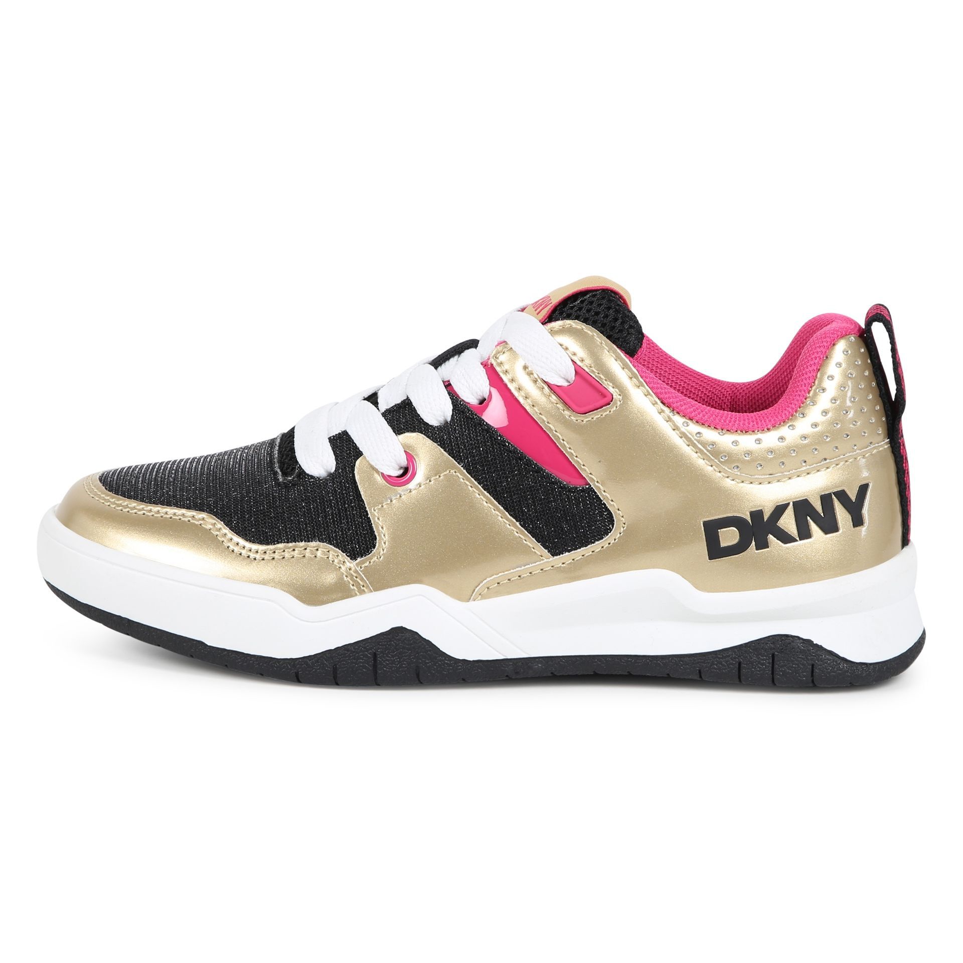 DKNY Girls Gold Pink Black Logo Trainers Junior Couture UAE