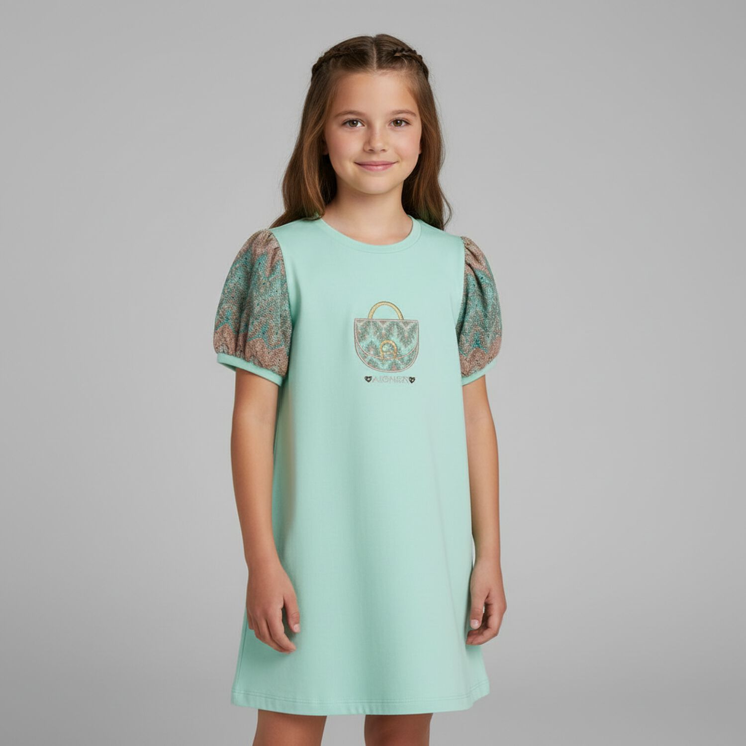 فستان بنات بطبعة حقيبة بالشعار باللون الأخضر, 1, hi-res