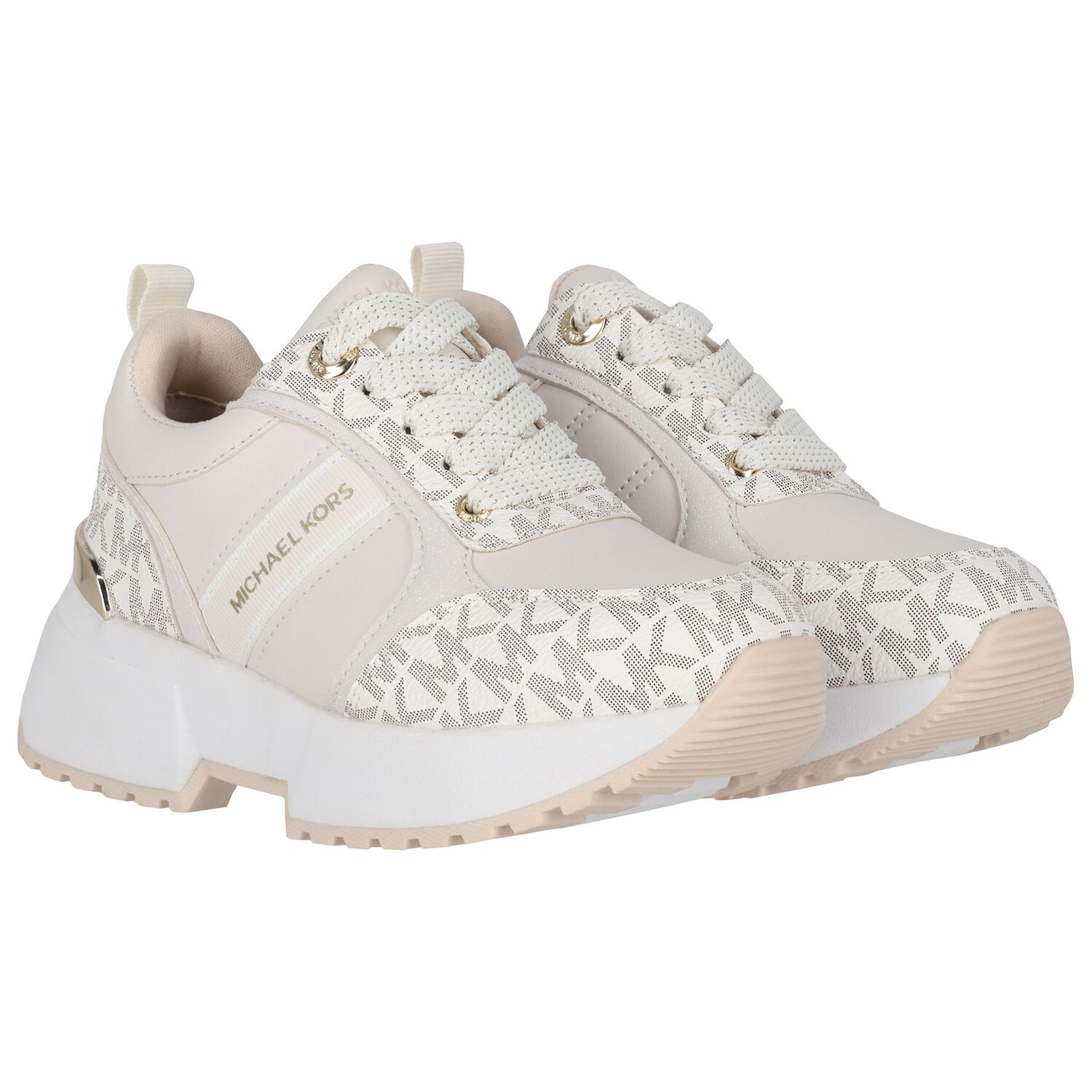 Girls Ivory & Gold Logo Trainers, 1, hi-res