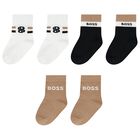 Baby Boys Beige, White & Black Logo Socks ( 3-Pack ) , 1, hi-res