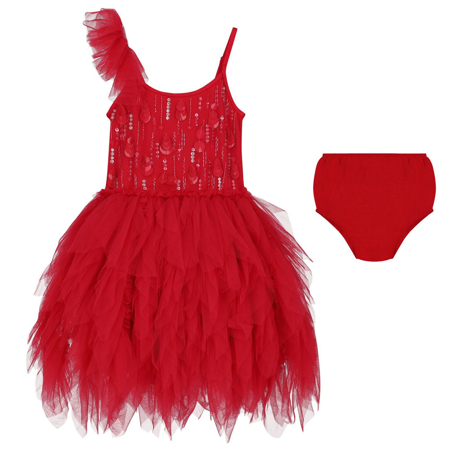 Younger Girls Red Ruffled Tulle Dress Set, 1, hi-res image number null