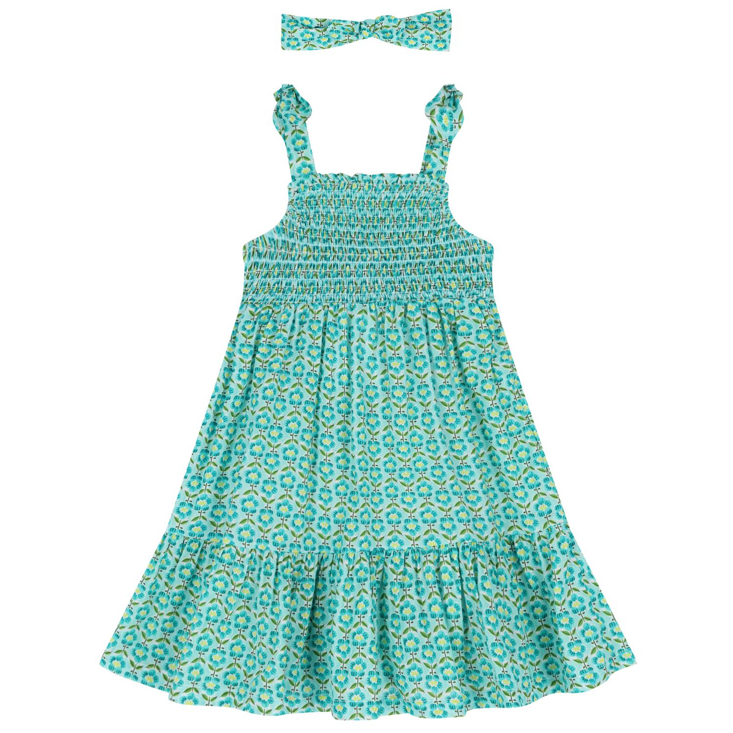 Girls Green Floral Smocked Dress Set, 1, hi-res