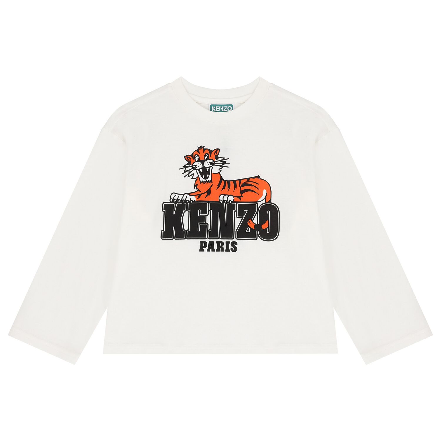 Boys White Tiger Logo Long Sleeve Top, 1, hi-res