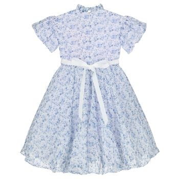 Girls Blue Floral Belted Dress