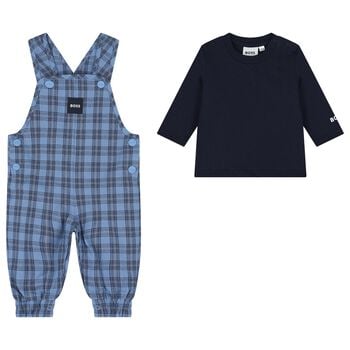 Baby Boys Blue & Navy Blue Dungaree Gift Set