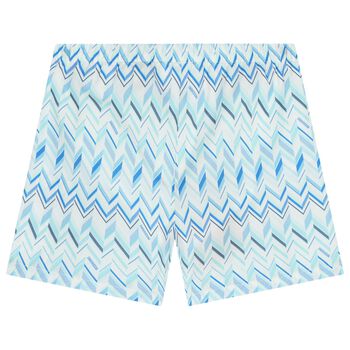 Younger Boys White & Blue Zig Zag Swim Shorts