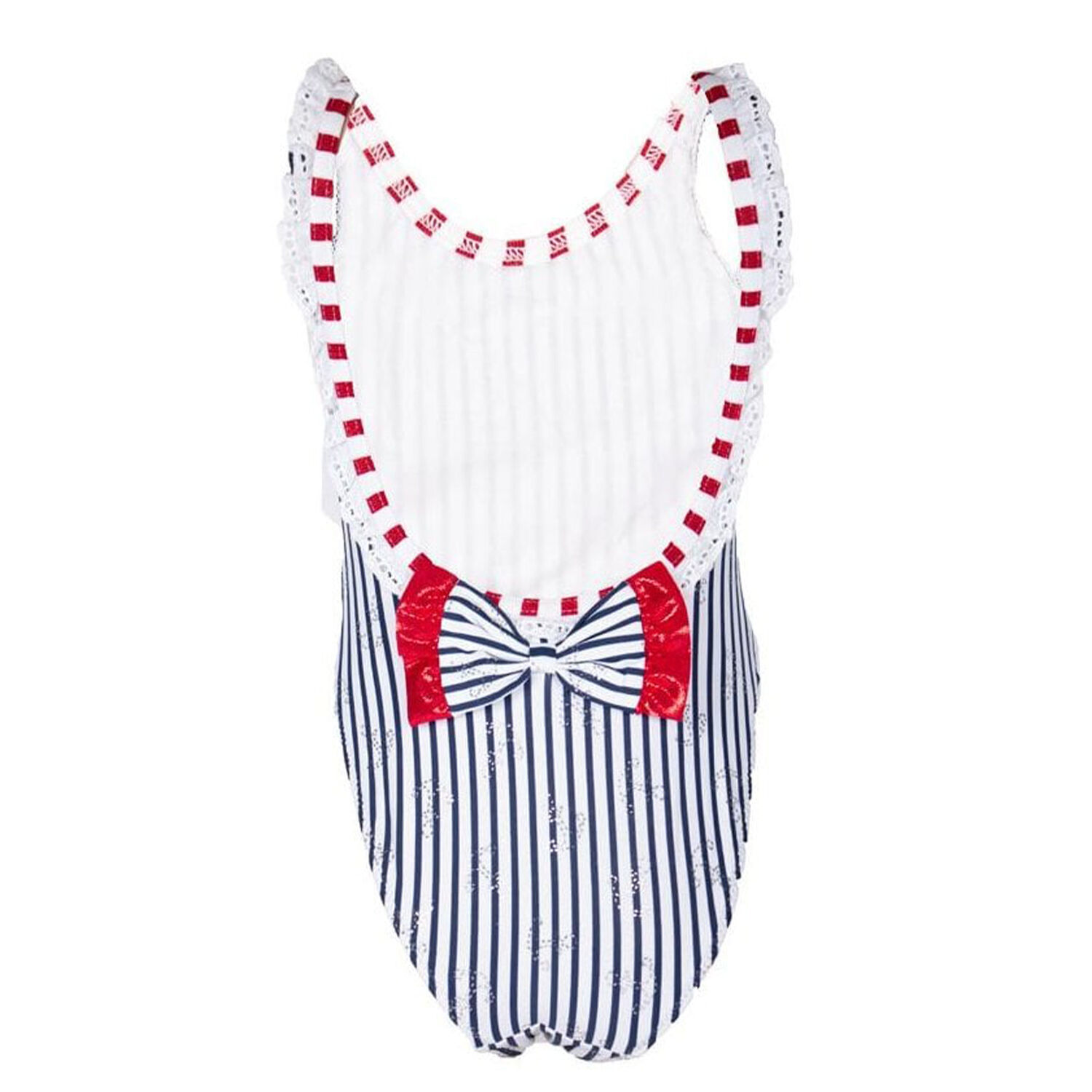 Girls Navy and White Stripped Swimsuit, 1, hi-res