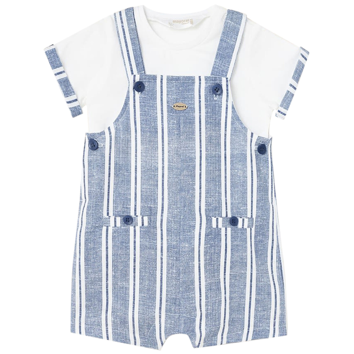 Baby Boys Blue & White Dungaree Set, 2, hi-res image number null