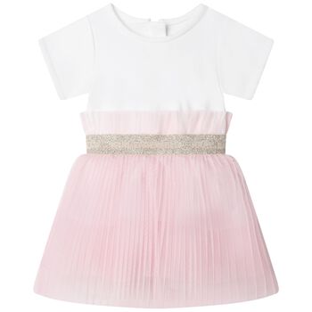 Younger Girls White & Pink Logo Dress