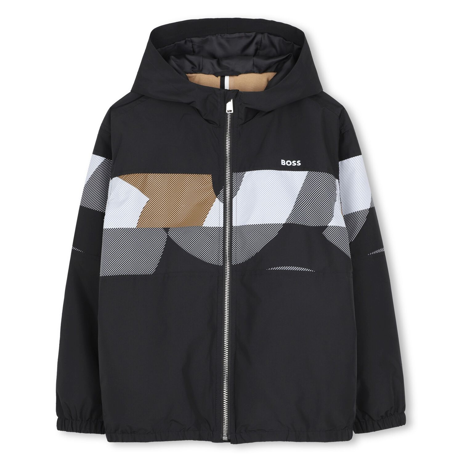 Boys Black Logo Hooded Zip Up Top, 1, hi-res