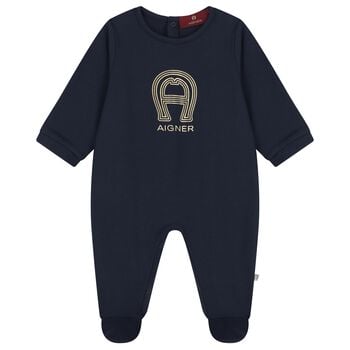Baby Boys Navy Blue & Gold Logo Babygrow