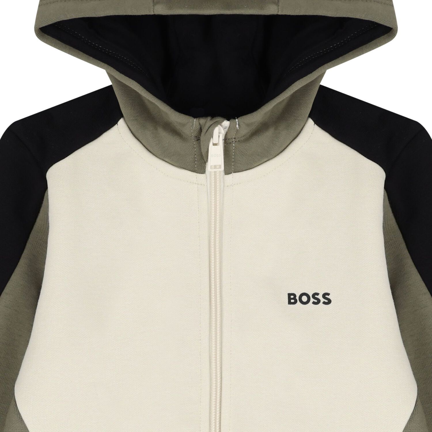Boys Ivory, Green & Black Logo Hooded Zip Up Top, 2, hi-res