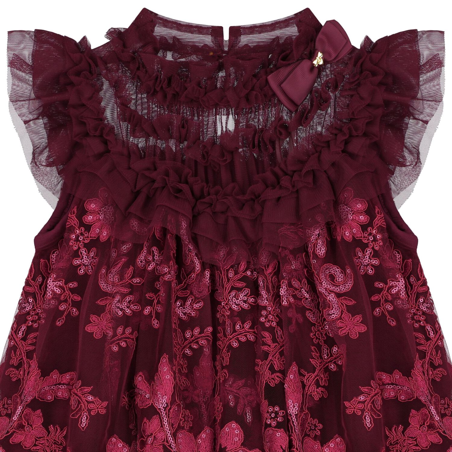 Girls Burgundy Embellished Tulle Dress, 2, hi-res